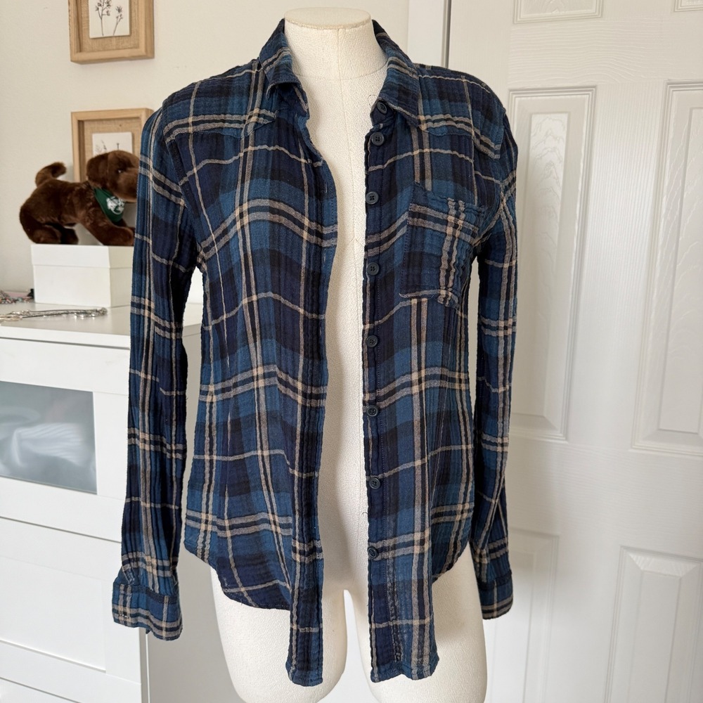 Free People Womens Medium Blue Plaid Flannel Shirt Jacket Grunge Overshirt chic